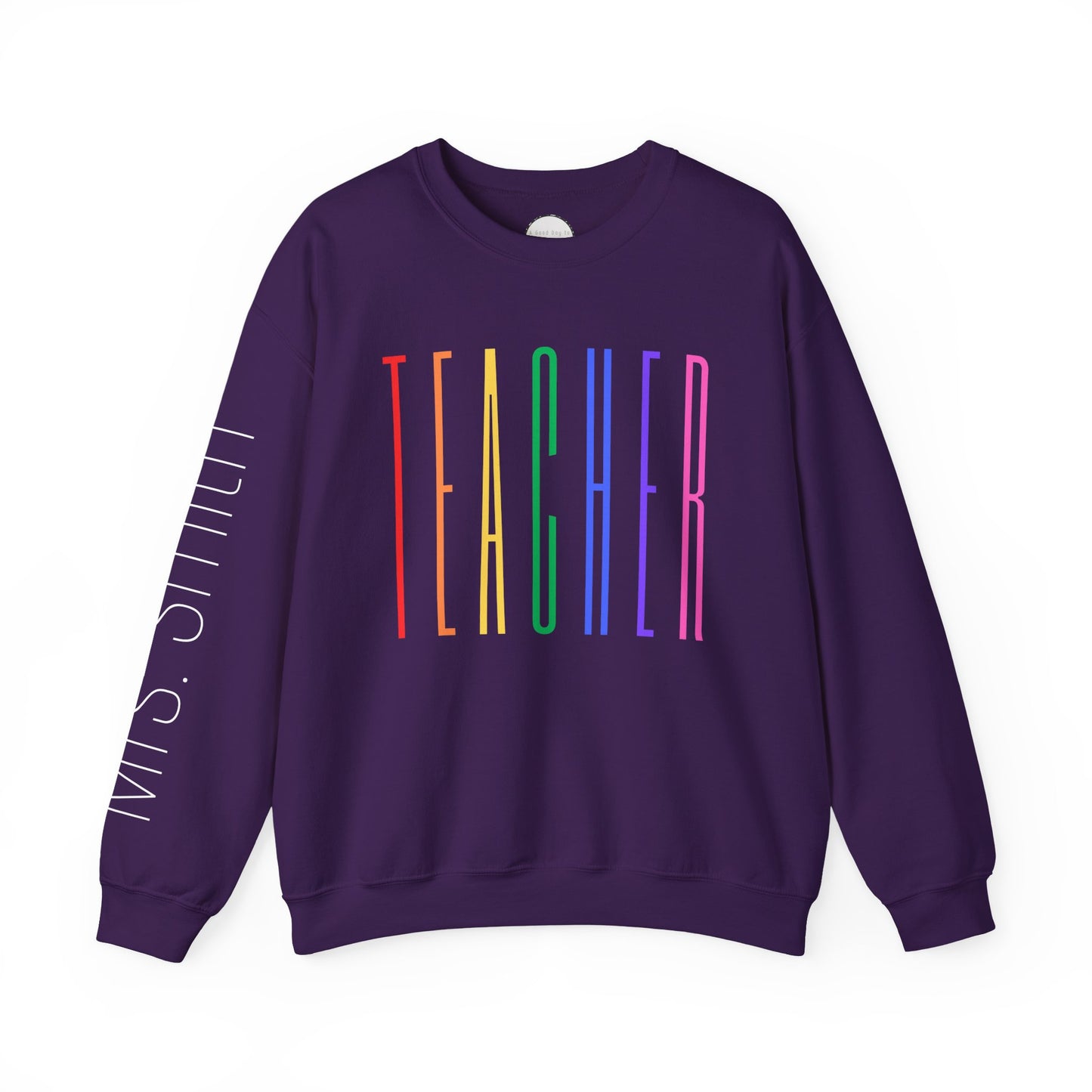 Rainbow Teacher Crewneck with Sleeve Personalization