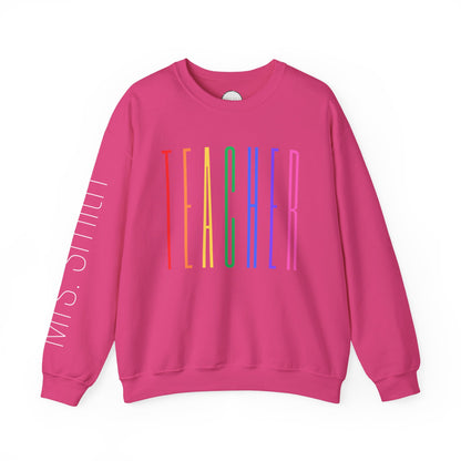 Rainbow Teacher Crewneck with Sleeve Personalization