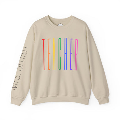 Rainbow Teacher Crewneck with Sleeve Personalization