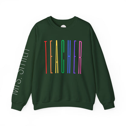 Rainbow Teacher Crewneck with Sleeve Personalization